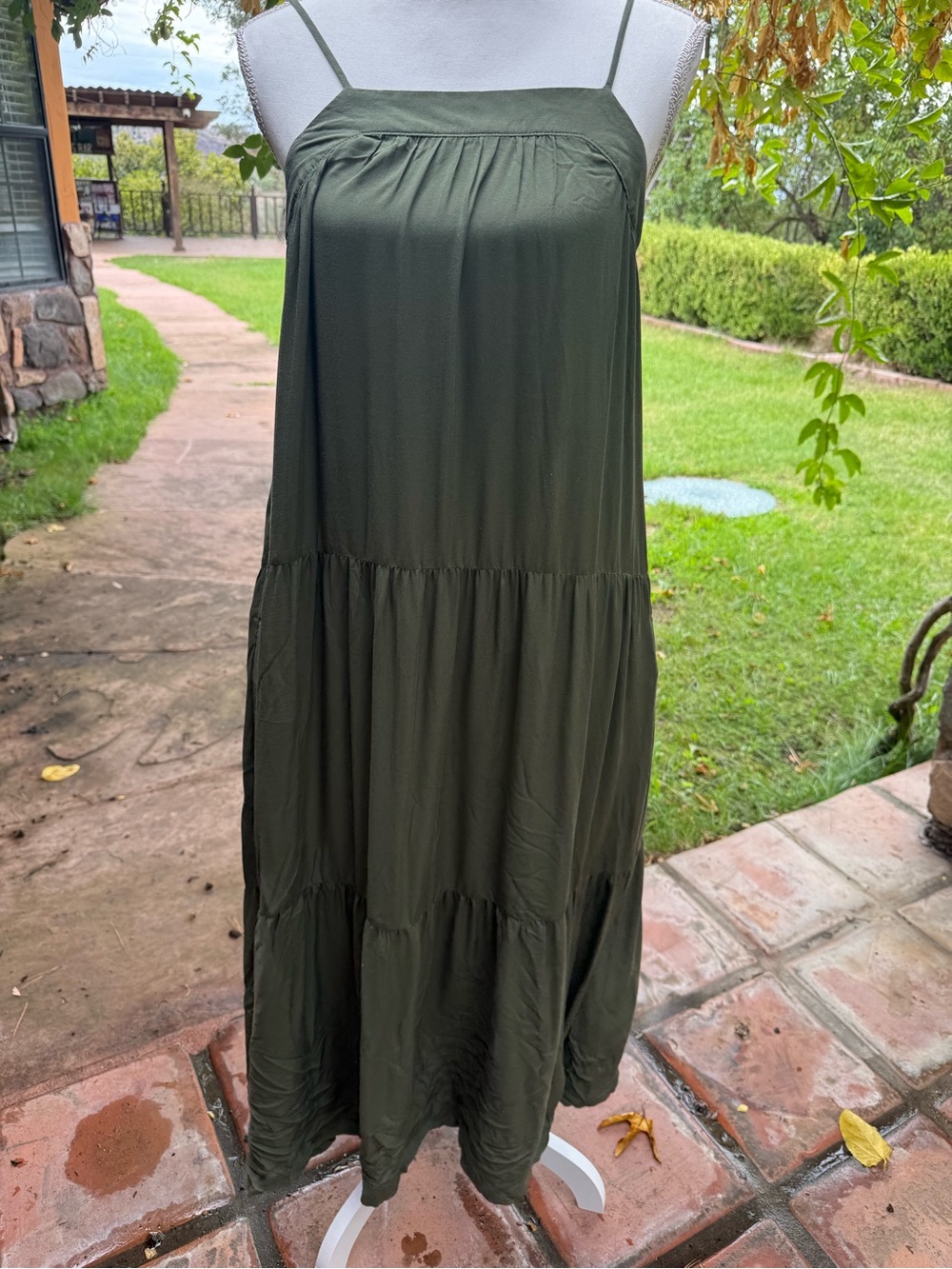 Time and Tru Olive Green Tiered Maxi Dress with Spaghetti Straps